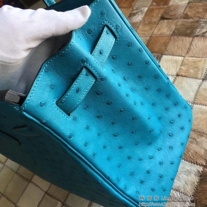 HERMES愛馬仕 鉑金包 Birkin 南非原產KK級鴕鳥皮 頂級工藝 依滋密爾藍 手縫蠟線 手提包  Ama1230